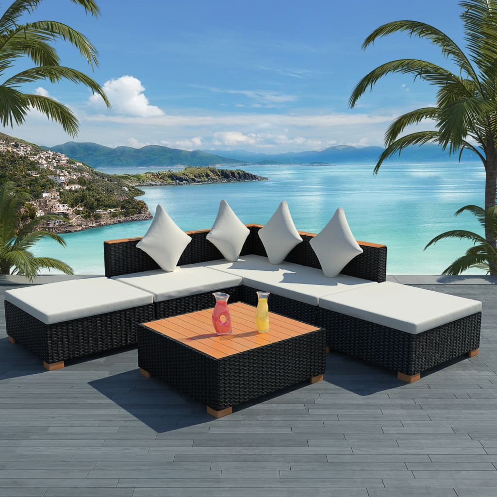 vidaXL 7-delige Loungeset met kussens poly rattan zwart