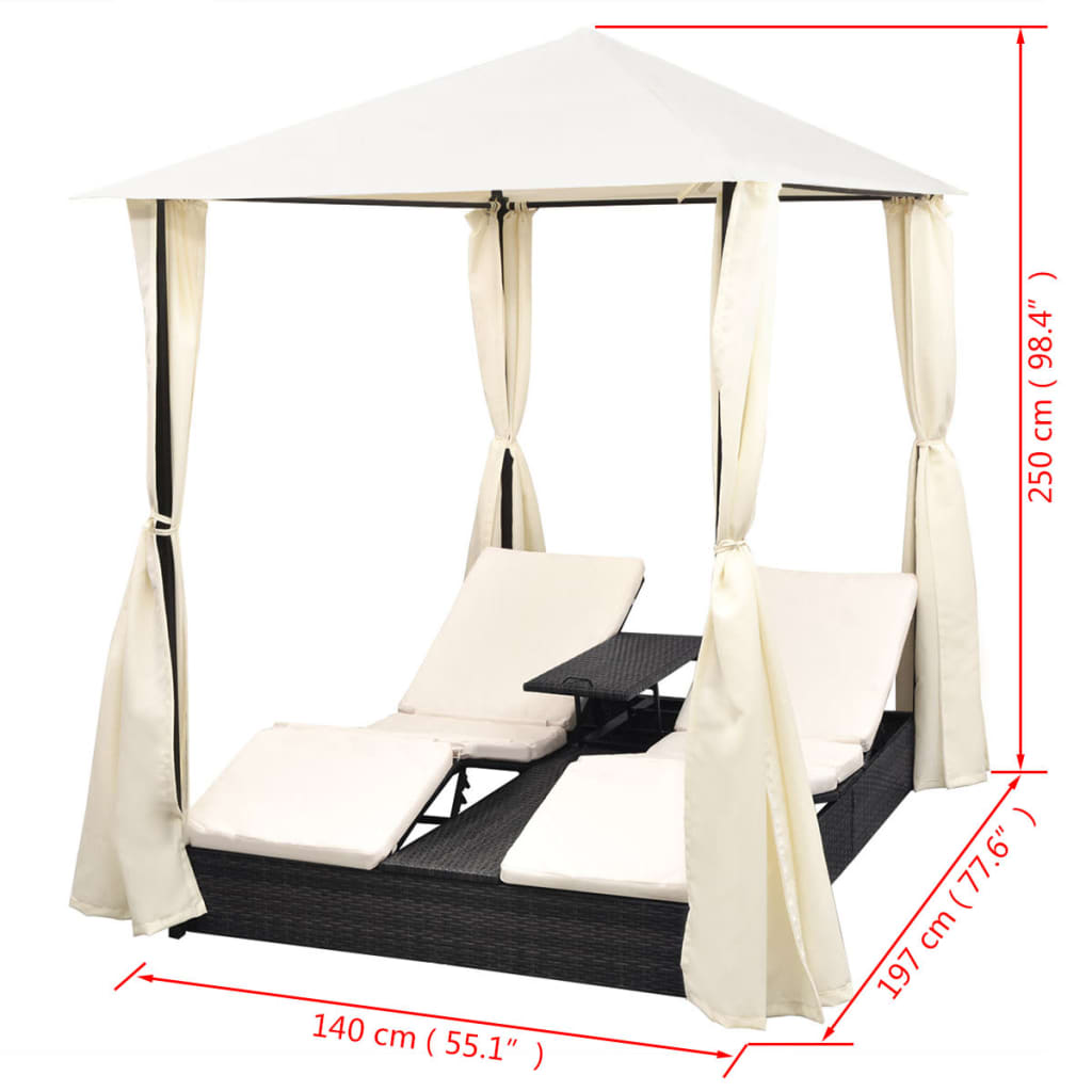 vidaXL Sun Lounger Double with Curtains Poly Rattan Brown