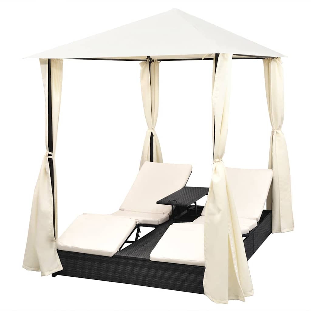 vidaXL Sun Lounger Double with Curtains Poly Rattan Brown