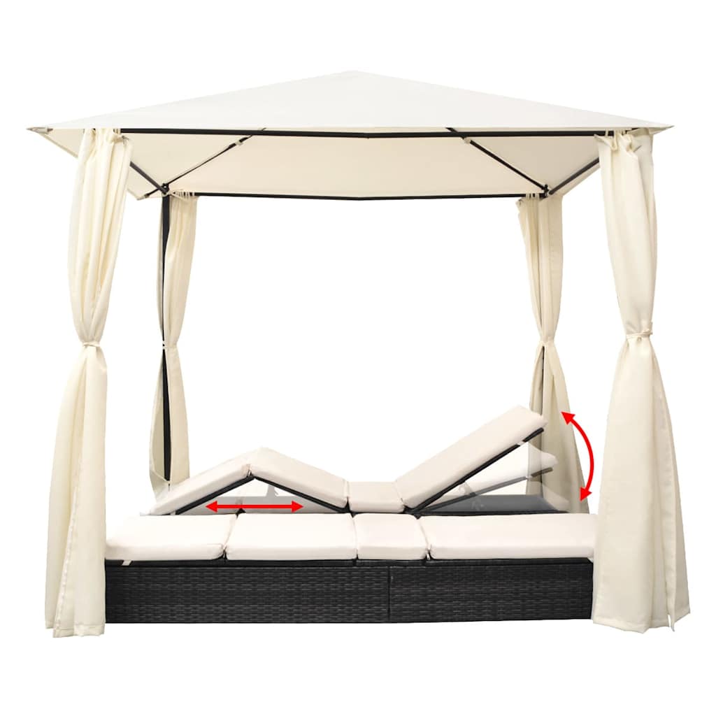 vidaXL Sun Lounger Double with Curtains Poly Rattan Brown