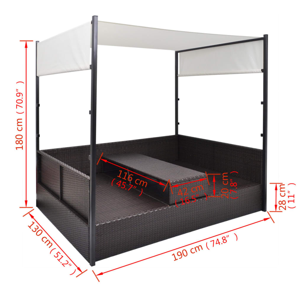 vidaXL Tuinbed met luifel 190x130 cm poly rattan bruin