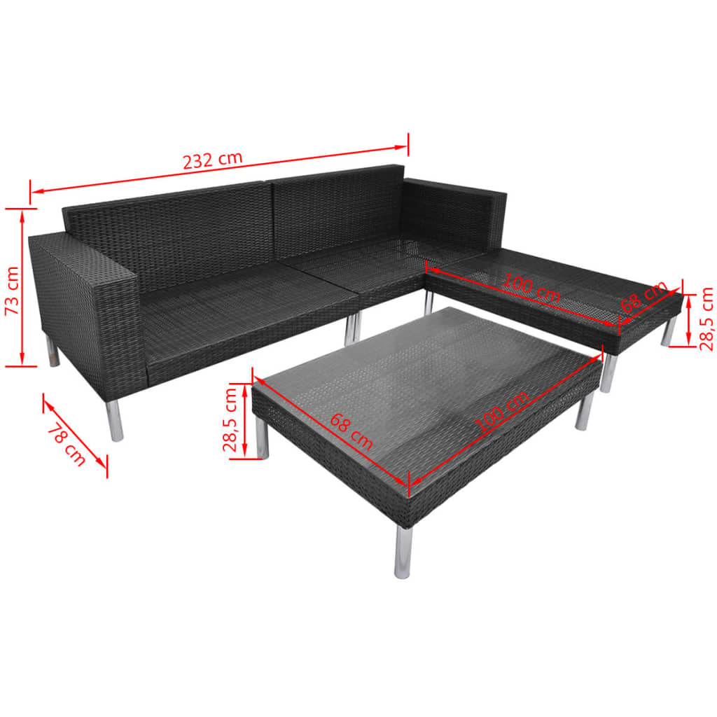 vidaXL 4-delige Loungeset met kussens poly rattan zwart