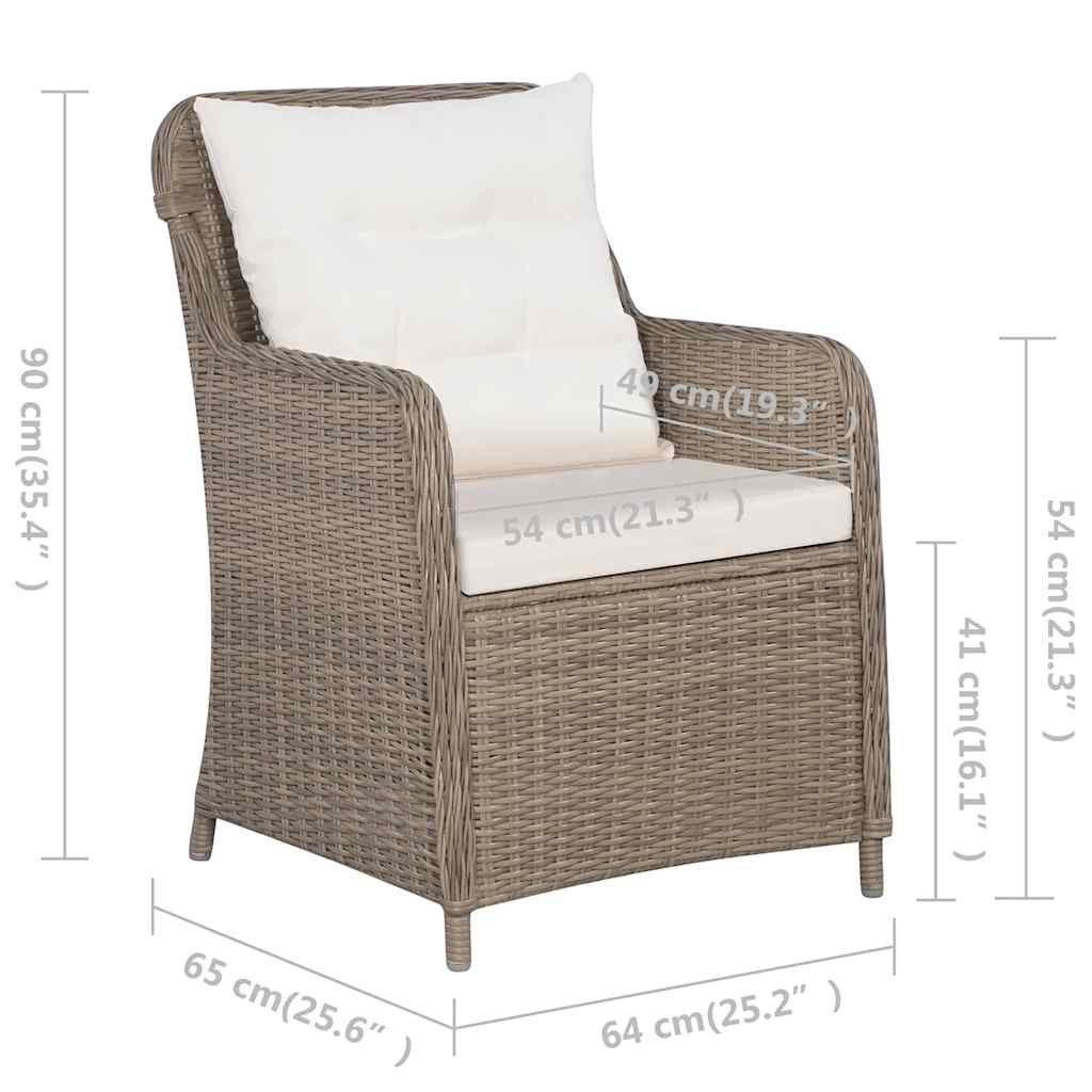 vidaXL 3-delige Bistroset met kussens poly rattan bruin