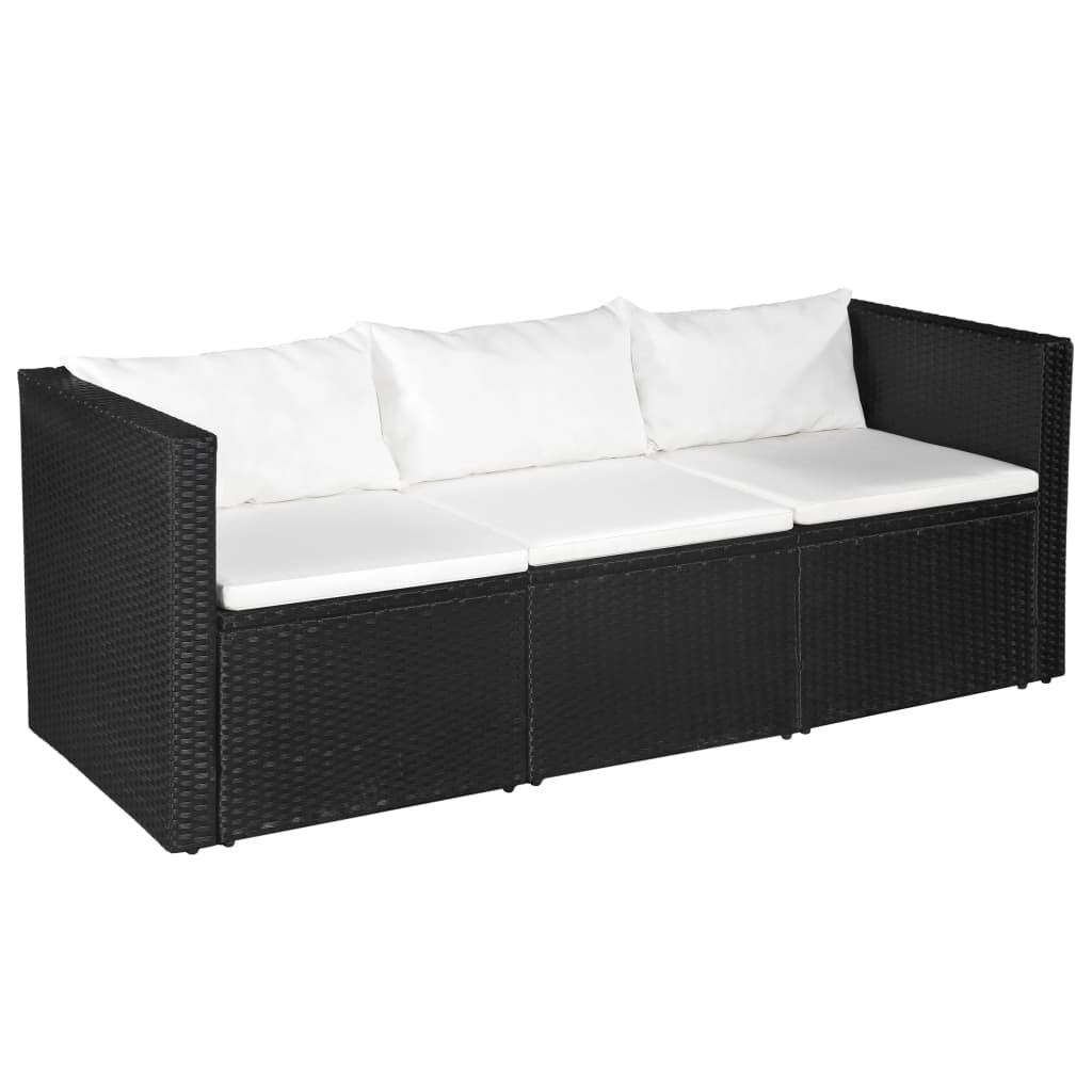 vidaXL Tuinbank 3-zits zwart poly rattan met witte kussens
