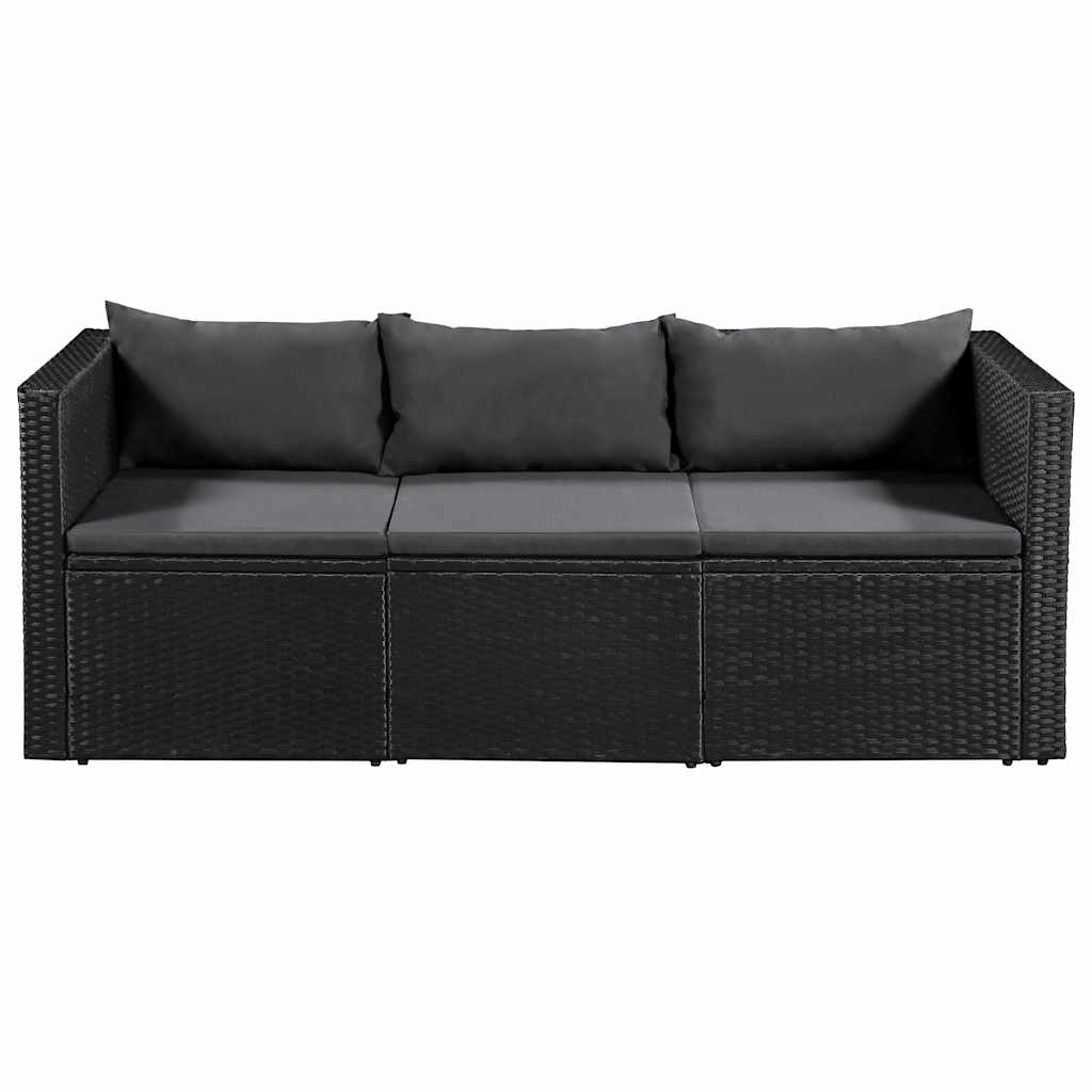 vidaXL Tuinbank 3-zits zwart poly rattan met witte kussens