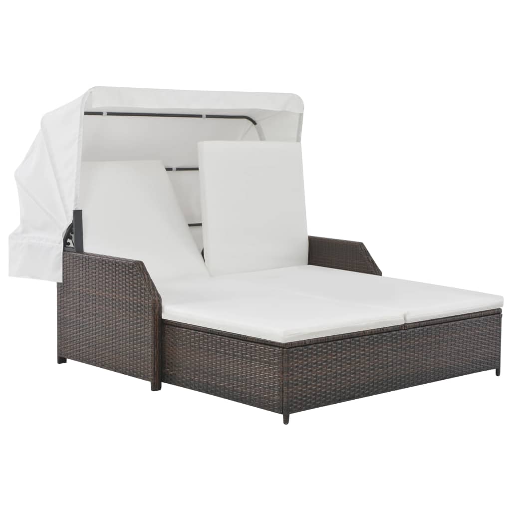 vidaXL Ligbed 2-persoons met luifel poly rattan bruin