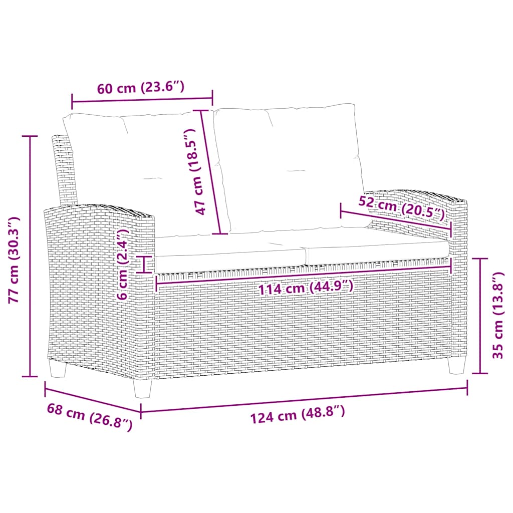 vidaXL Tuinbank 2-zits met kussens 124 cm poly rattan grijs