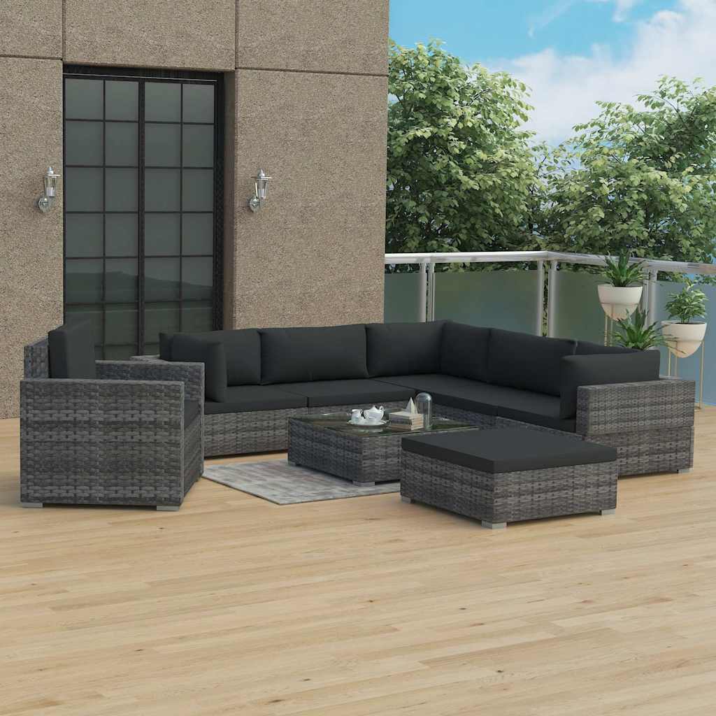 vidaXL 8-Piece Poly Rattan Lounge Set with Cushions Brown