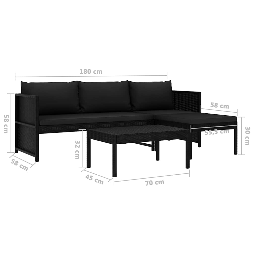 vidaXL 3-delige Loungeset met kussens poly rattan bruin