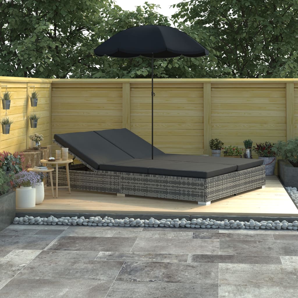 vidaXL Loungebed met parasol poly rattan bruin