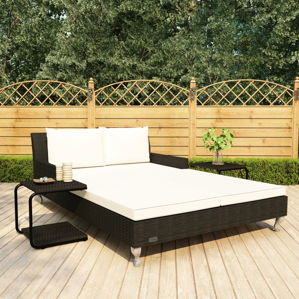 vidaXL Sun Lounger with Cushions 2-Person Poly Rattan Black