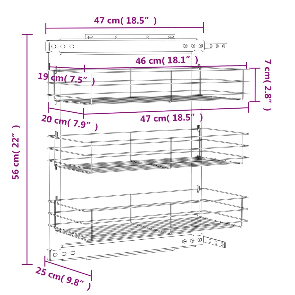 vidaXL Draadmand uittrekbaar 3-laags 47x15,5x55,5 cm zilverkleurig