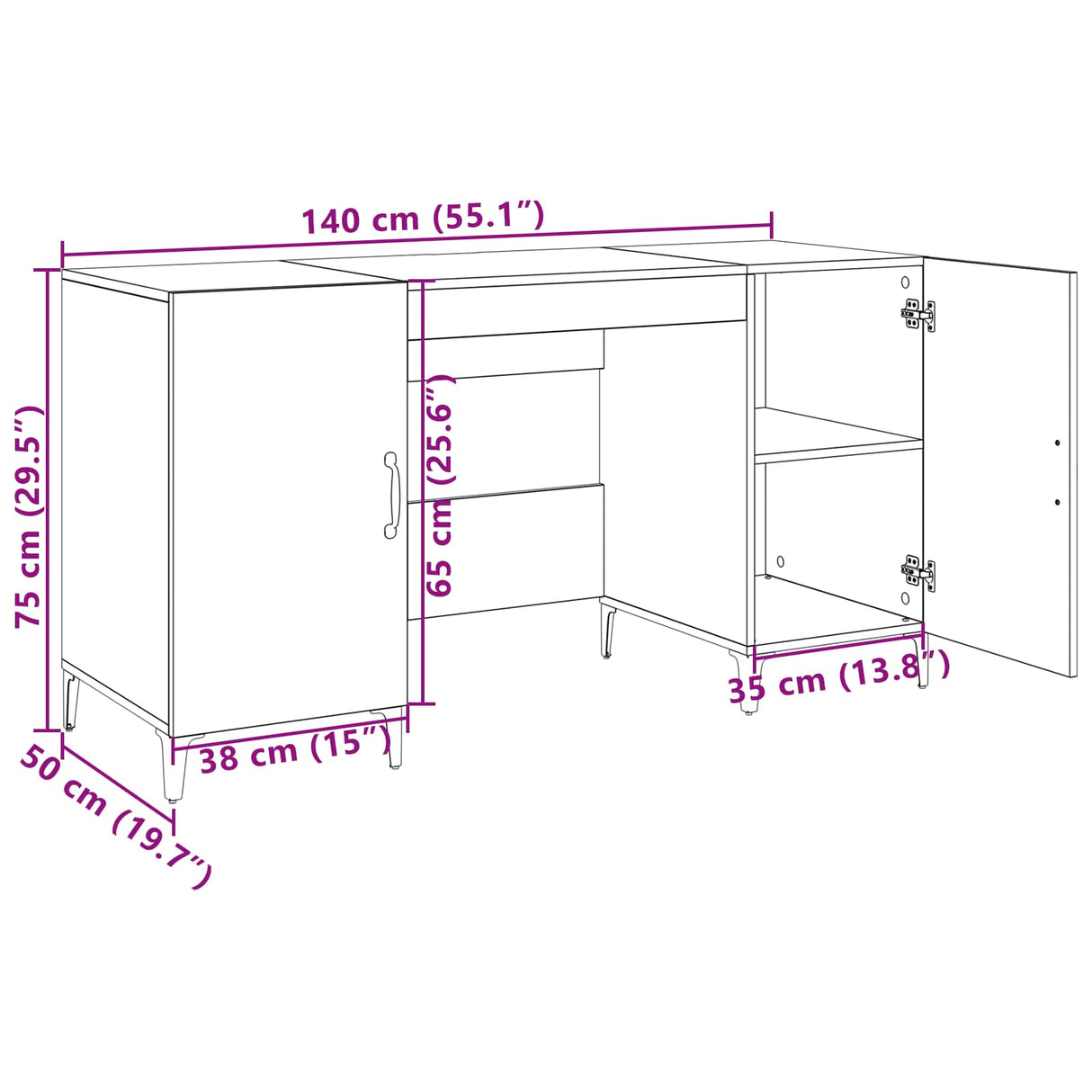 vidaXL Bureau met opslag Oudhout 140 x 50 x 75 cm Bewerkt hout