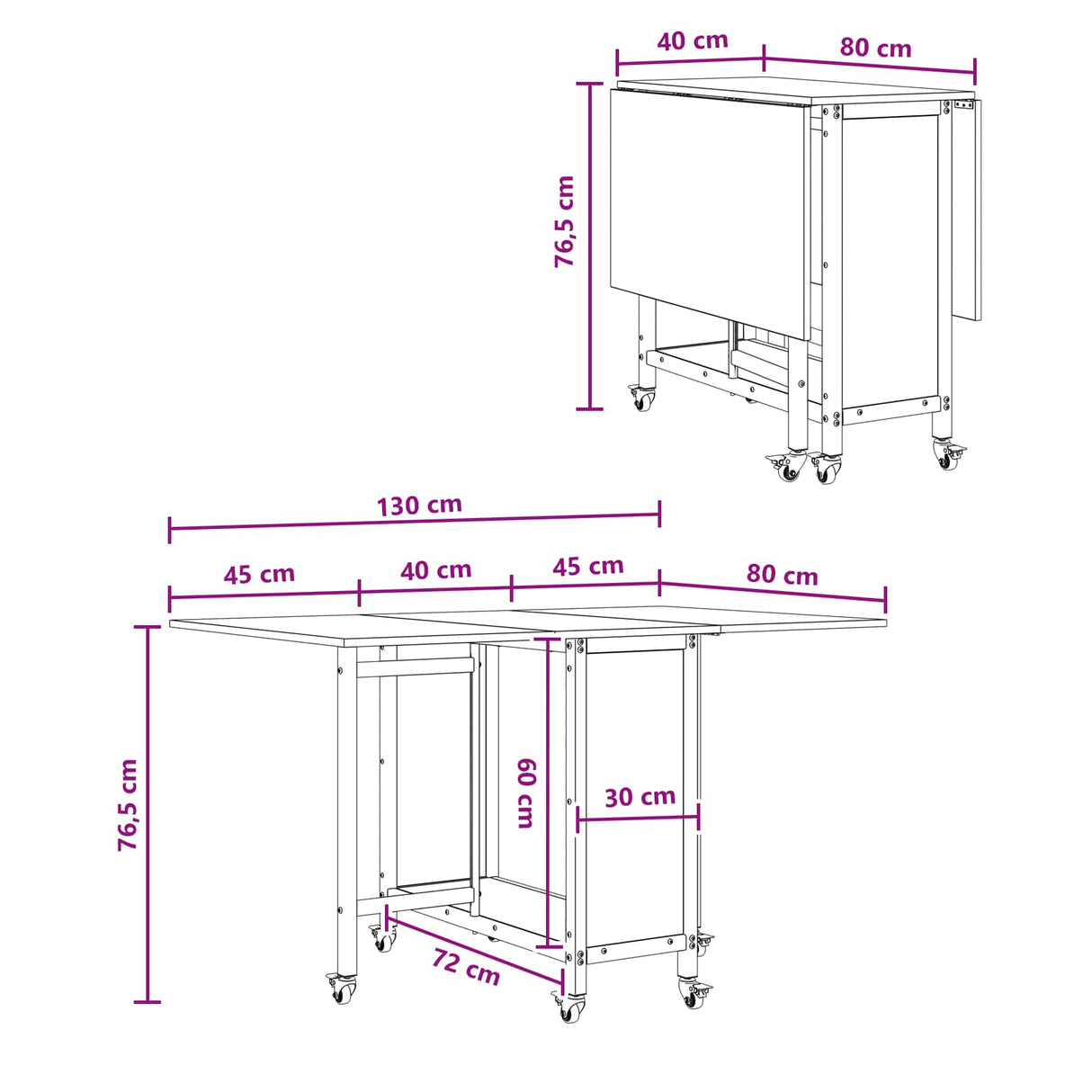 vidaXL Vouwbare eettafel met wieltjes 130 x 80 x 76,5 cm Bewerkt hout