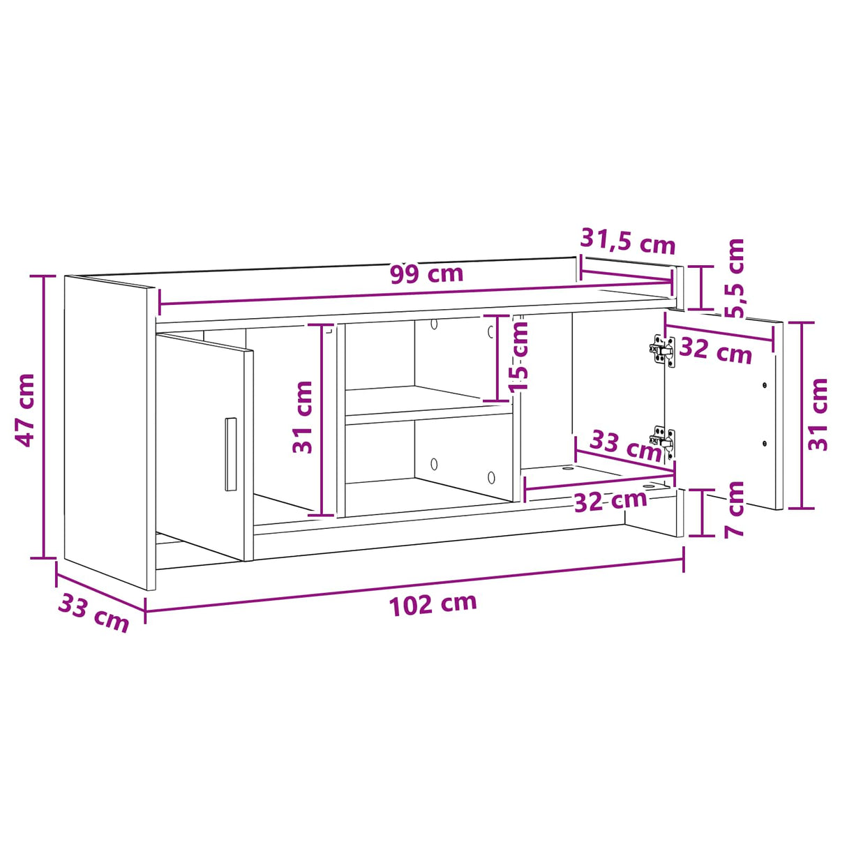 vidaXL TV Kast 102 x 33 x 47 cm Wit Bewerkt hout