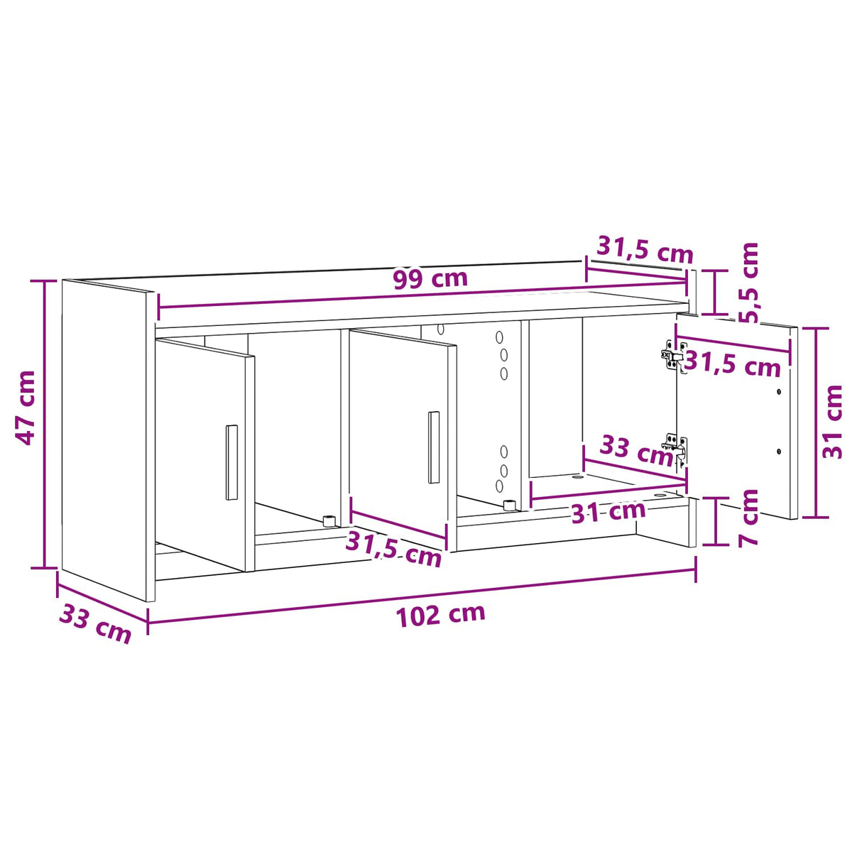 vidaXL TV Kast 102 x 33 x 47 cm Wit Bewerkt hout