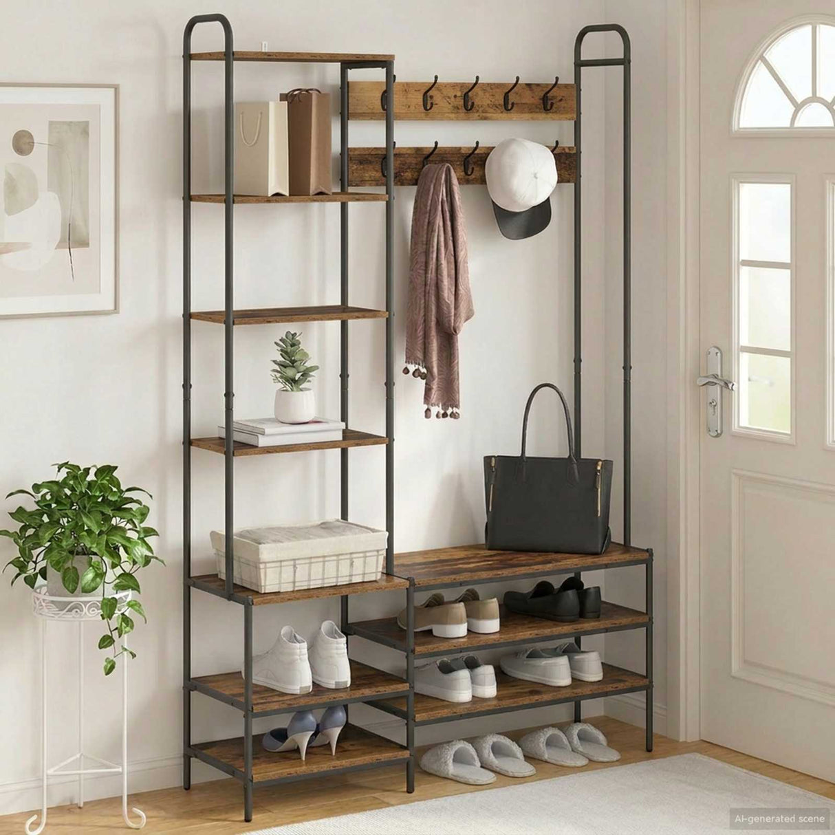 vidaXL Coat Rack with Shoe Bench Black Oak 120.5 x 34 x 190 cm