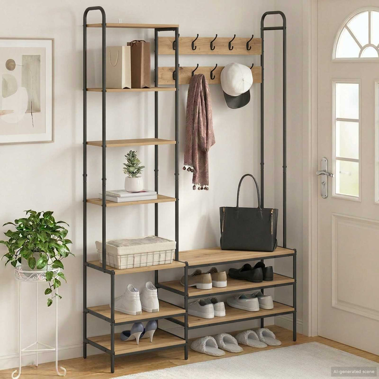 vidaXL Coat Rack with Shoe Bench Black Oak 120.5 x 34 x 190 cm