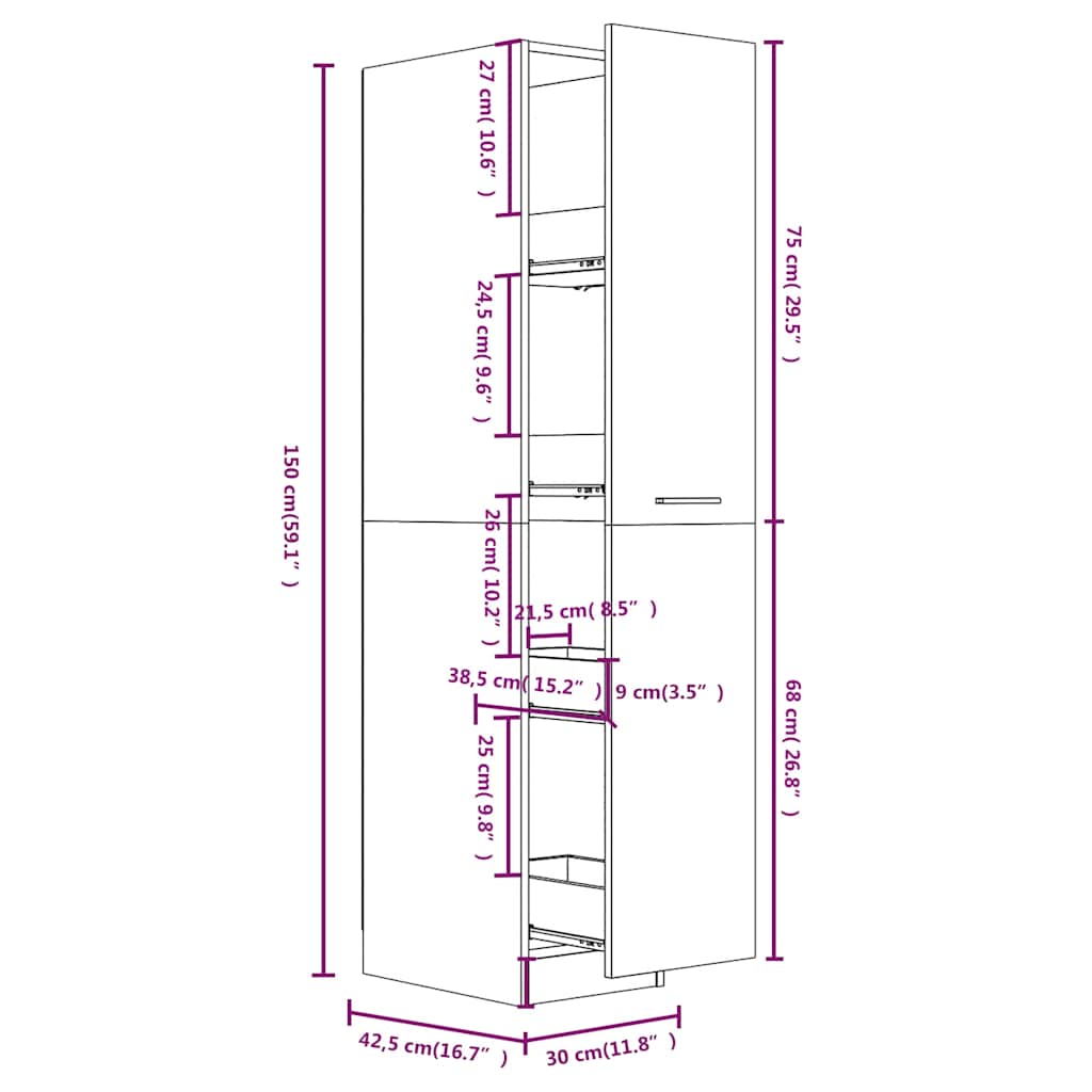 vidaXL Apothekerskast 30x42,5x150 cm bewerkt hout wit