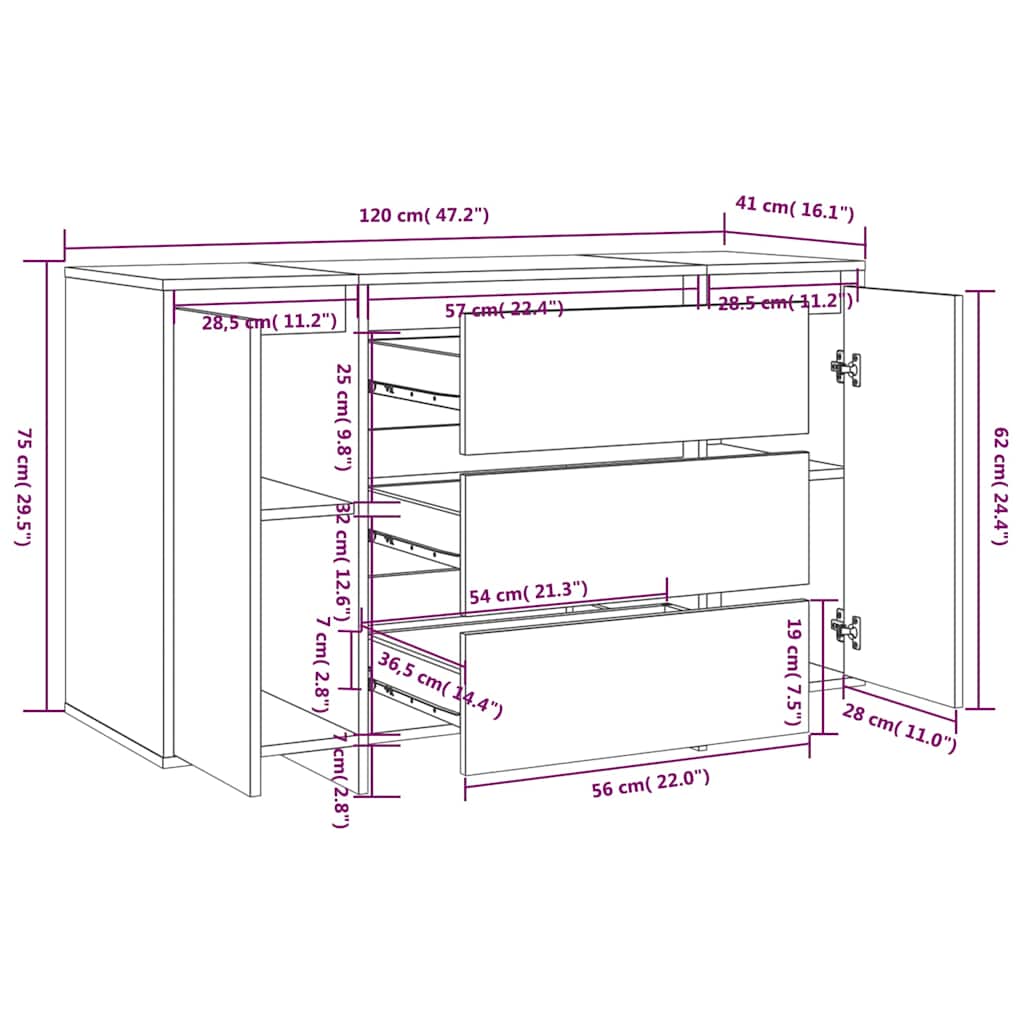 vidaXL Dressoir met 3 lades 120x41x75 cm bewerkt hout wit