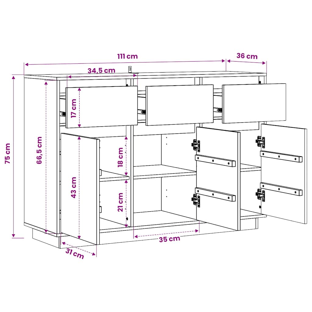 vidaXL Dressoir 110x34x75 cm massief grenenhout