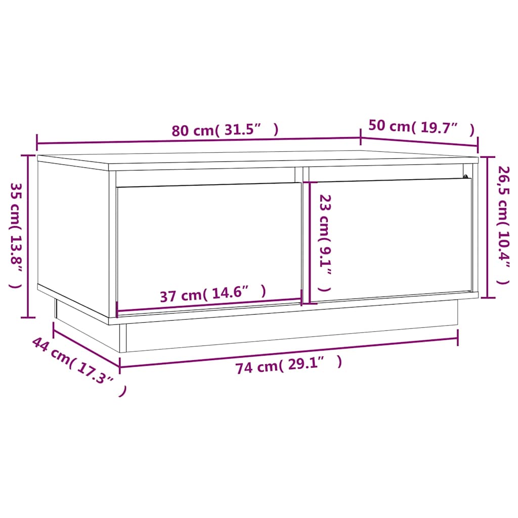 vidaXL Salontafel 80x50x35 cm massief grenenhout wit