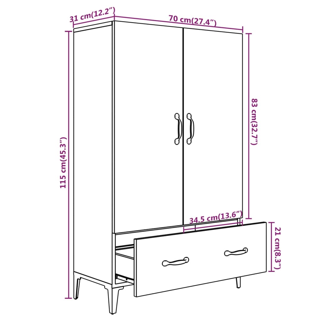 vidaXL Hoge kast 70x31x115 cm bewerkt hout wit