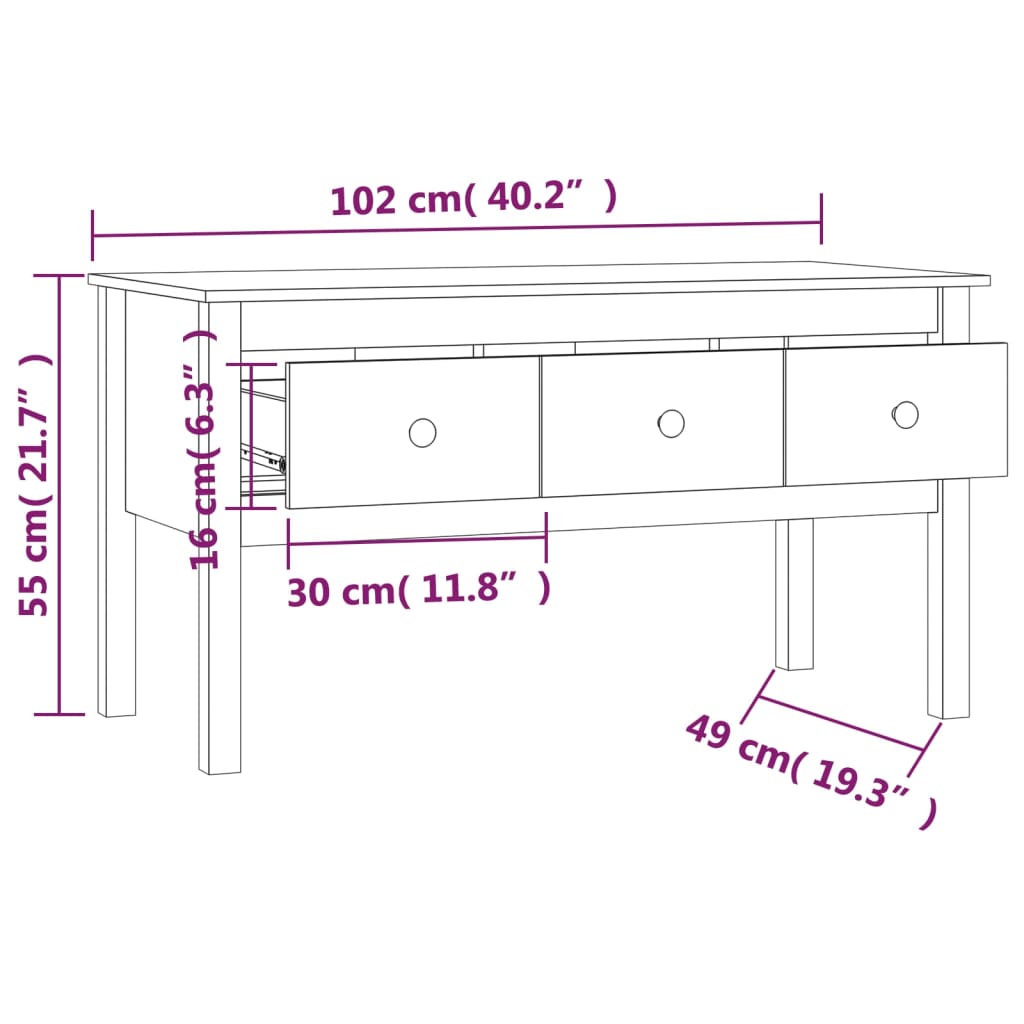 vidaXL Coffee Table 102x49x55 cm Solid Pine Wood