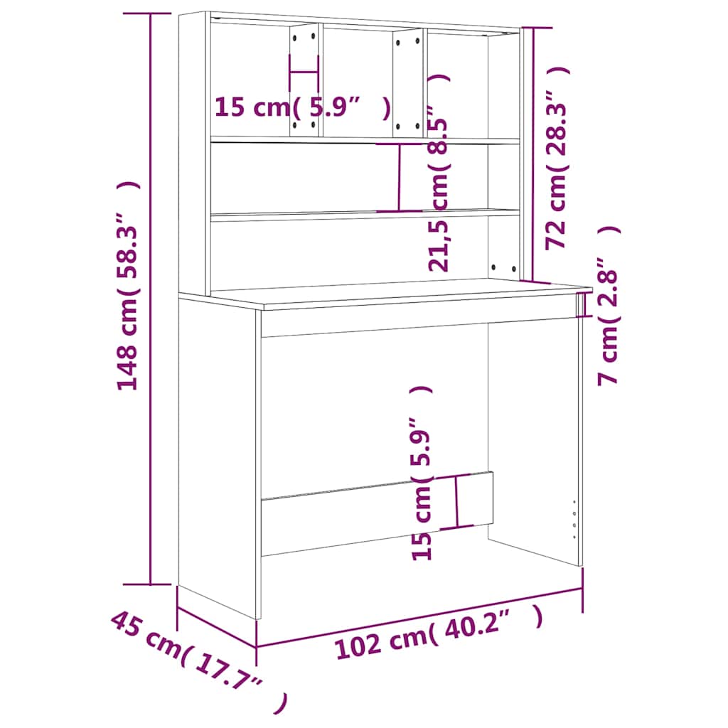 vidaXL Bureau met schappen 102x45x148 cm bewerkt hout wit