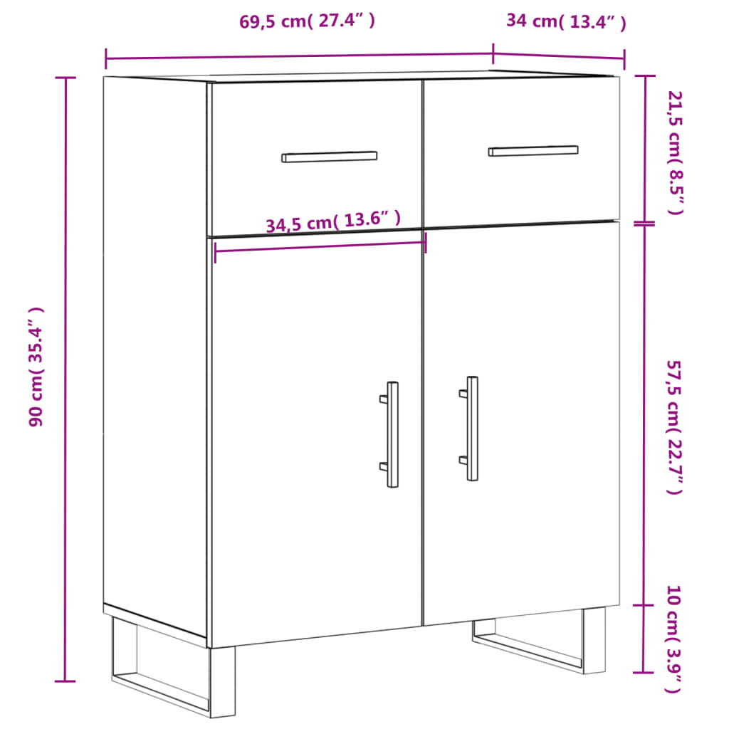 vidaXL Dressoir 69,5x34x90 cm bewerkt hout wit