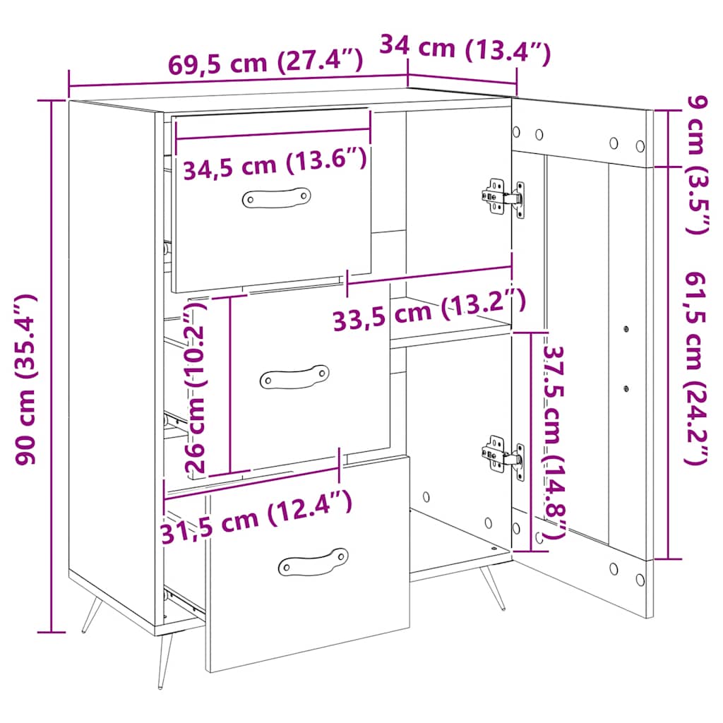 vidaXL Dressoir 69,5x34x90 cm bewerkt hout wit