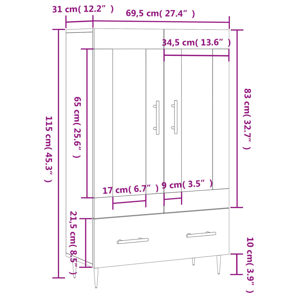 vidaXL Tall Cabinet 69.5x31x115 cm Engineered Wood White