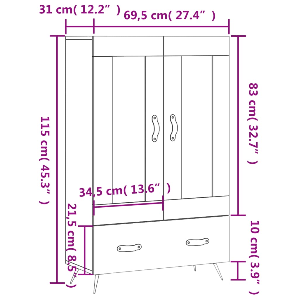 vidaXL Hoge kast 69,5x31x115 cm bewerkt hout wit