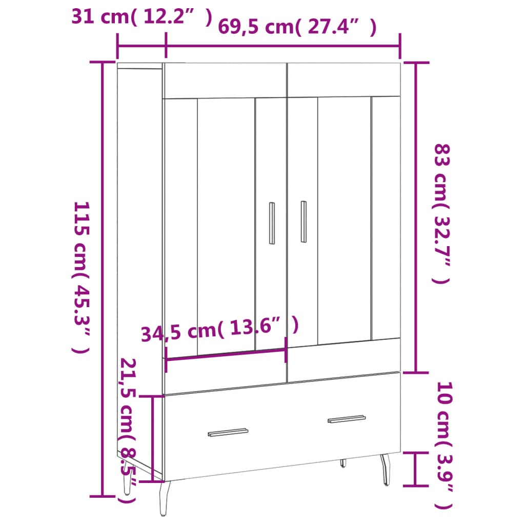 vidaXL Hoge kast 69,5x31x115 cm bewerkt hout wit