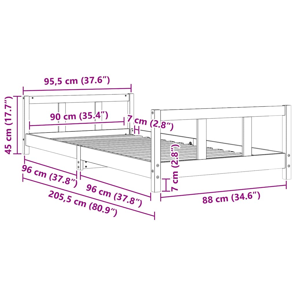 vidaXL Kids Bed Frame 90x200 cm Solid Pine Wood