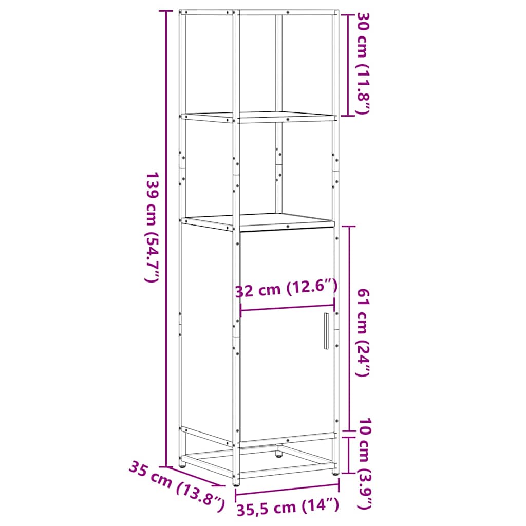 vidaXL Hoge kast 35,5x35x139 cm bewerkt hout en metaal sonoma eiken