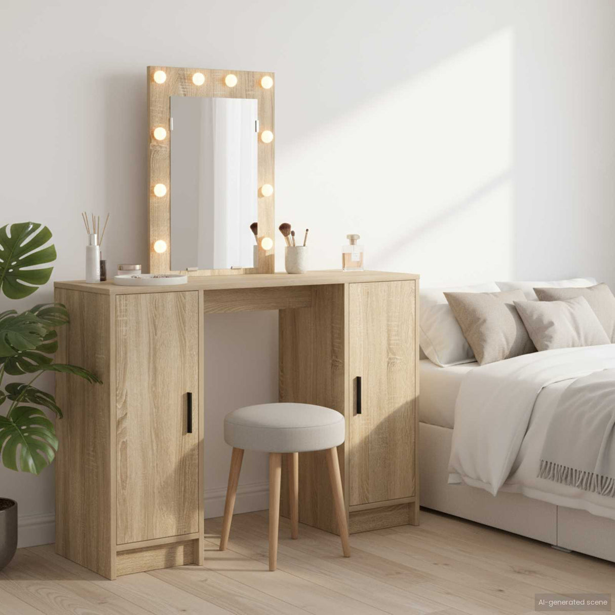 vidaXL Dressing Table with Mirror Lights White 102 x 33 x 135 cm Engineered Wood