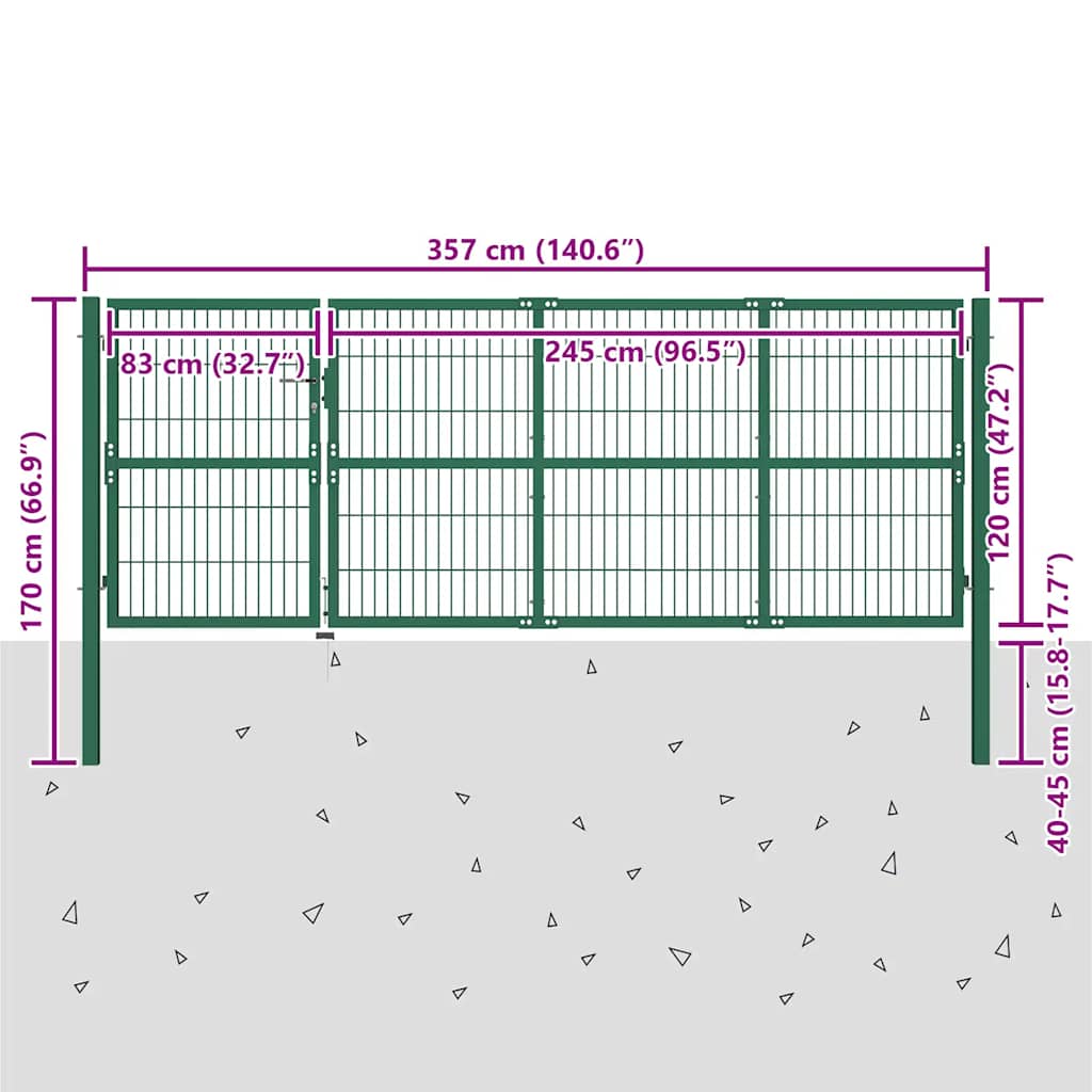 vidaXL Garden Gate with Posts 350x100 cm Steel Green