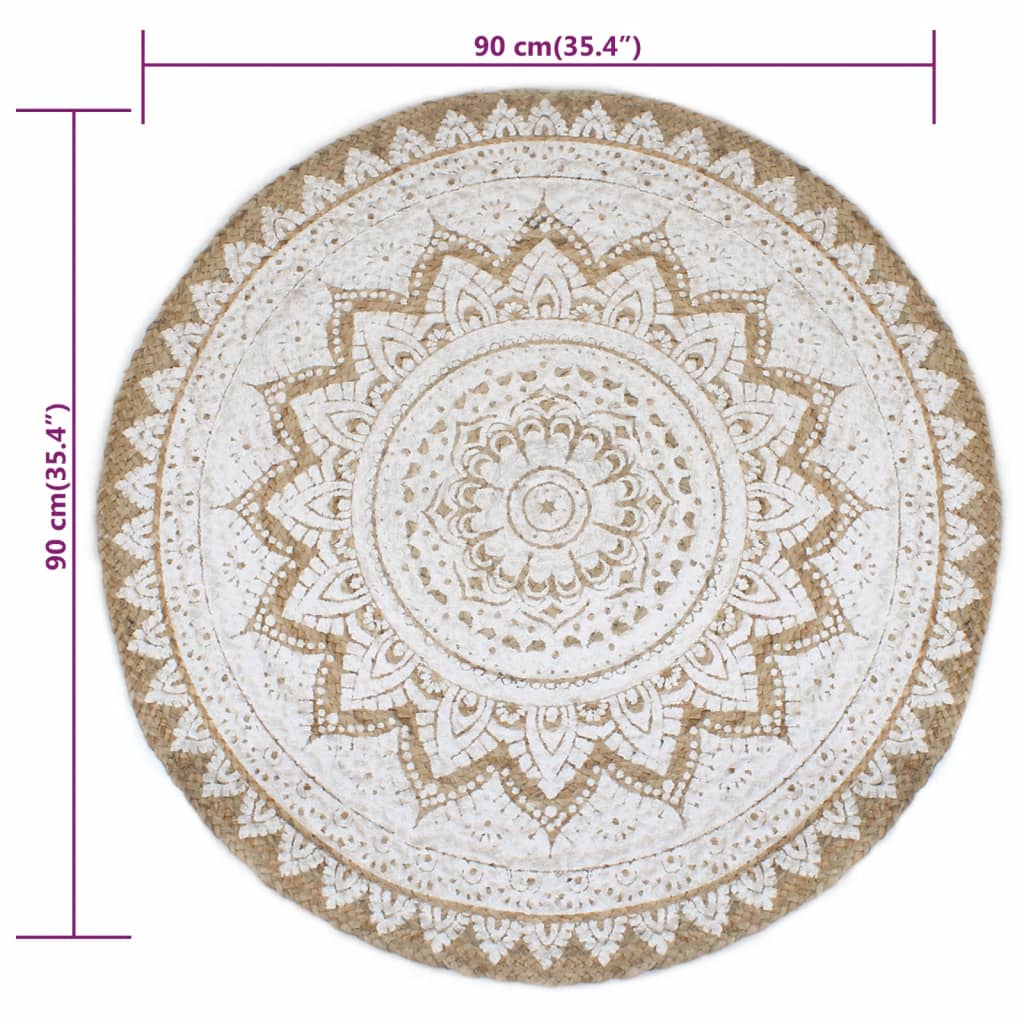 vidaXL Round Braided Jute Rug with Print 90 cm
