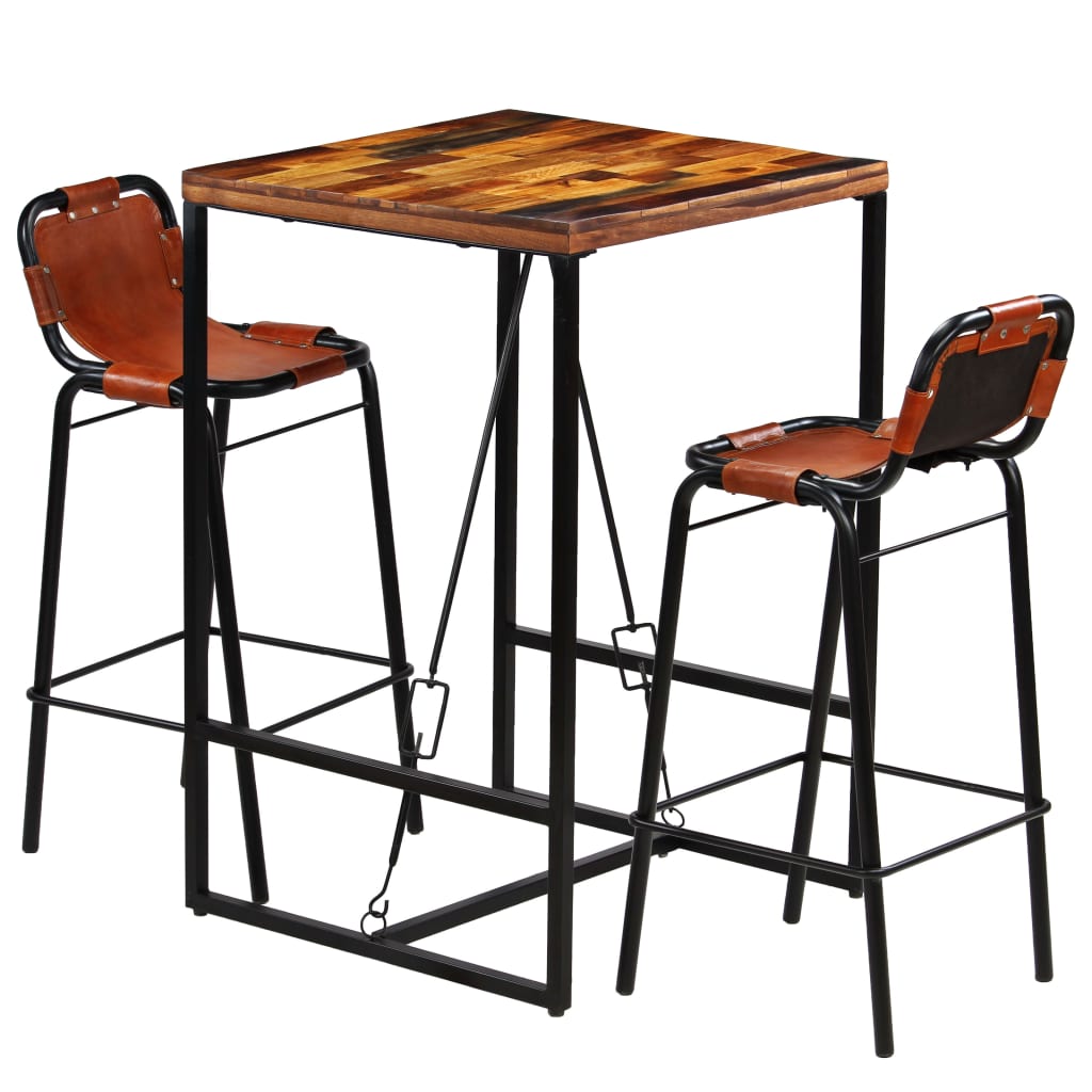 vidaXL 3-delige Barset massief gerecycled hout en echt geitenleer