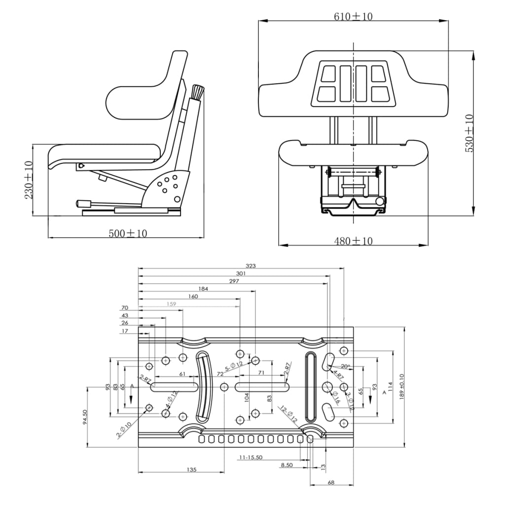 vidaXL Tractor Seat with Suspension Black