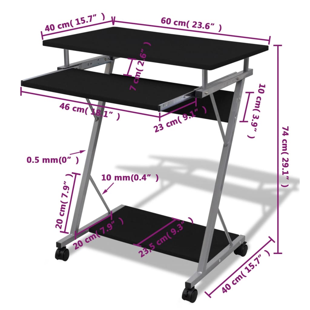 vidaXL Studenten computerbureau 60 x 40 x 74 cm (zwart)