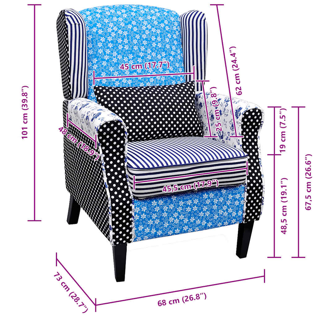 vidaXL Armchair with patchwork fabric blue/grey