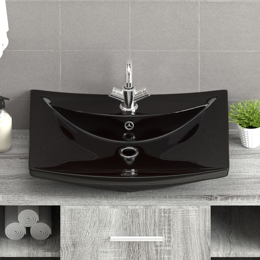 vidaXL Sink with Overflow and Faucet Hole Rectangular Ceramic