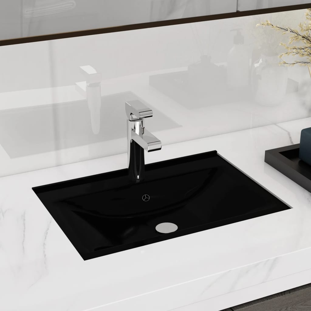 vidaXL Bathroom Sink with Faucet Hole and Overflow Black Rectangular Ceramic