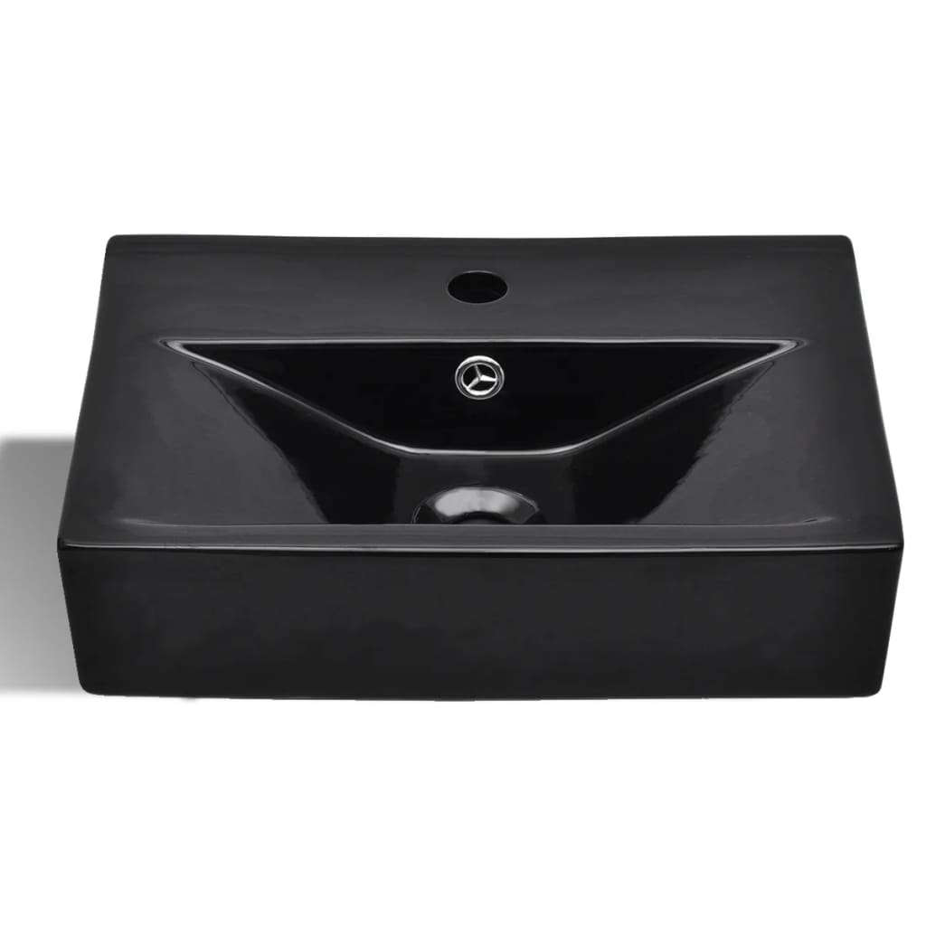 vidaXL Bathroom Sink with Faucet Hole and Overflow Black Rectangular Ceramic