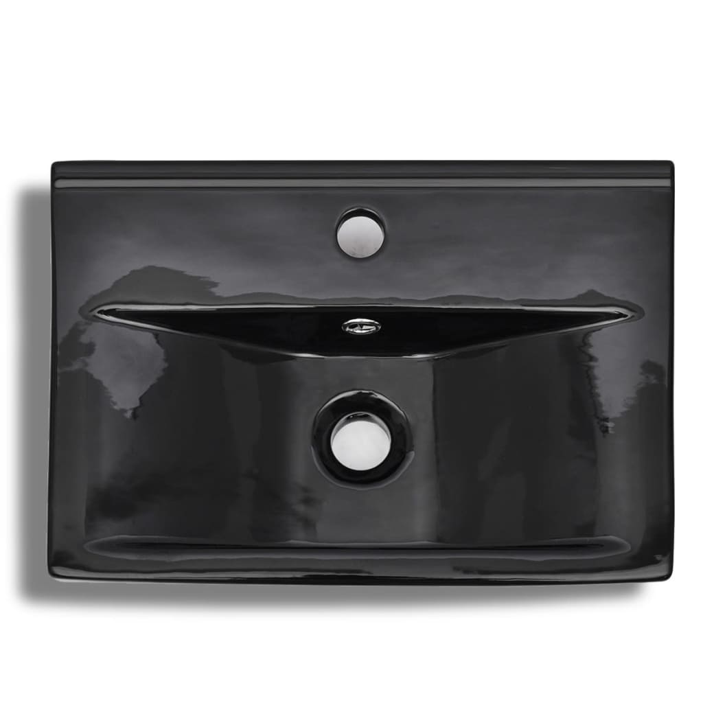 vidaXL Bathroom Sink with Faucet Hole and Overflow Black Rectangular Ceramic