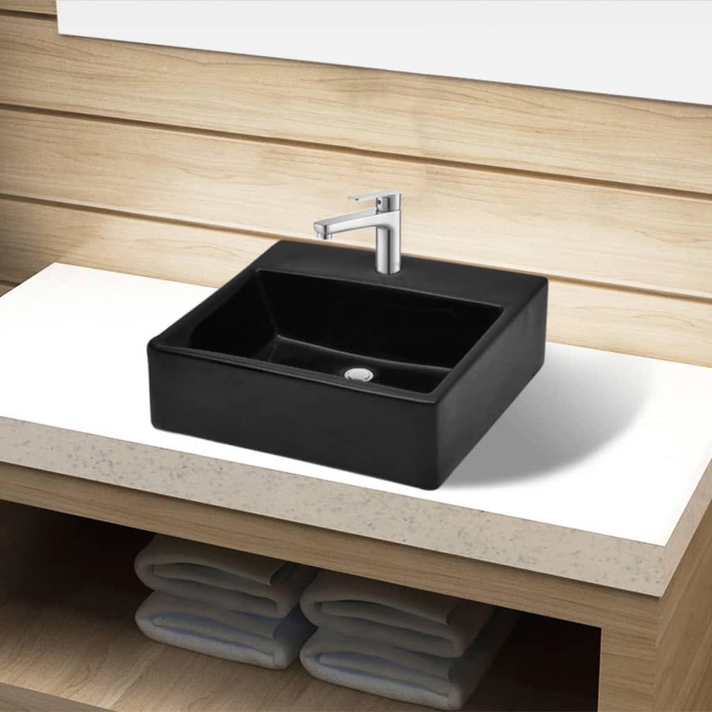 vidaXL Square Ceramic Wash Basin with Faucet Hole White