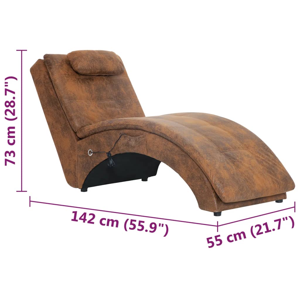 vidaXL Massage chaise longue met kussen kunstsuède bruin