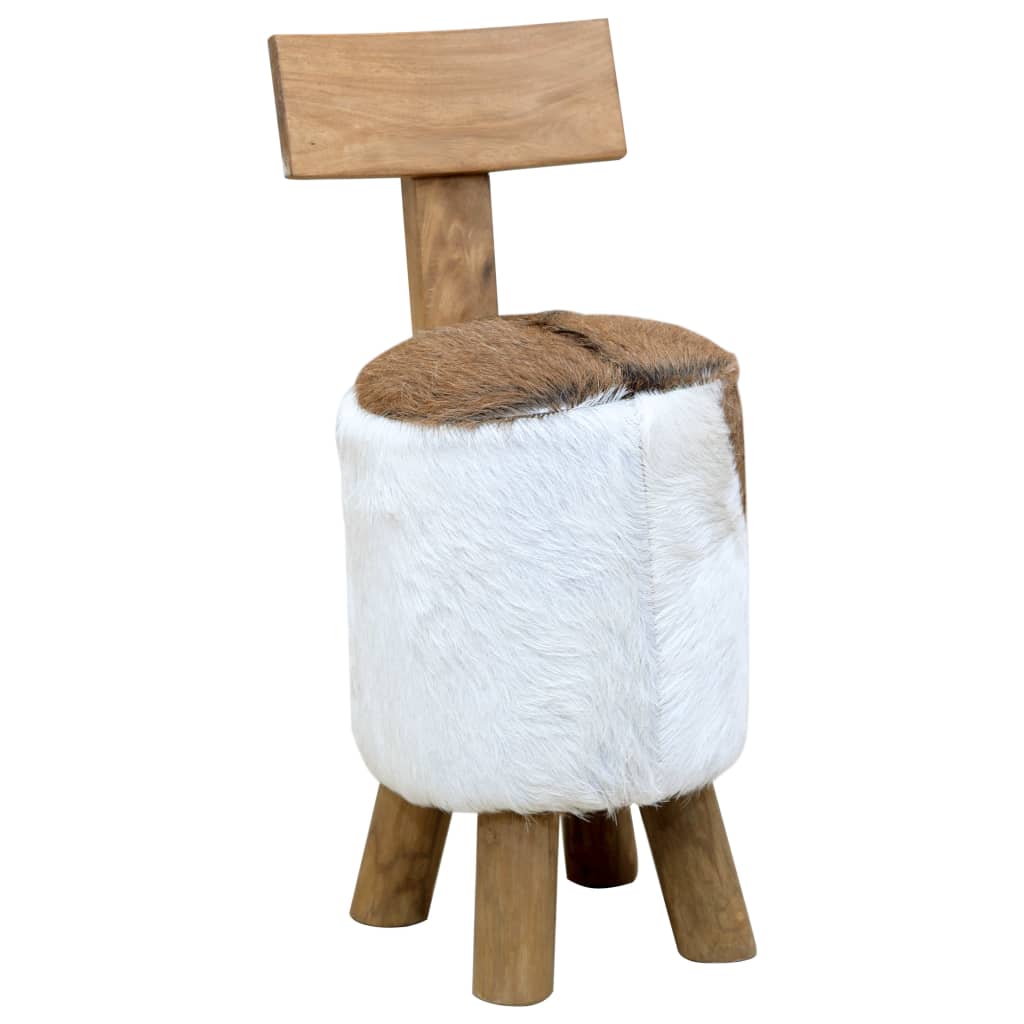 vidaXL Goat Leather and Solid Teak Stool